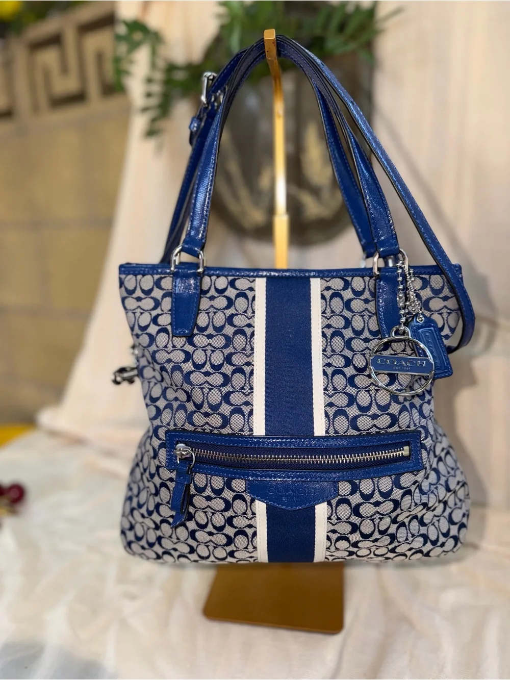 Coach Blue and White Signature Stripe Shoulder Bag